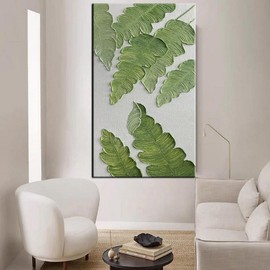 YaSheng Art- Modern minimalist 3D textured wall art Oil Paintings on Canvas Green plant paintings handmade Contemporary Abstract canvas wall art for bedroom Home Wall Deco Oil Painting 24X48 inch