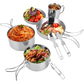 8-Piece Camping Cookware Set for 1-2 People, Portable Camping Pots, Foldable and Stackable, Stainless Steel Outdoor Cooking Set with Cutlery for Camping, Hiking, Picnic, Travel