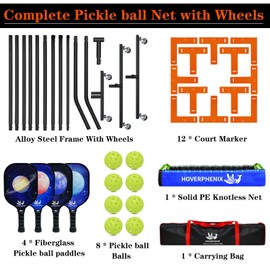 Pickleball Net Set with Wheels, Portable Pickleball Net with Fiberglass Paddles Set of 4, Outdoor Pickleballs, Court Marking Kit and Carrying Bag for Home, Driveway, Backyard