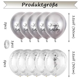 Gleemix Pack of 10 Happy Birthday Balloons Metallic Silver with Confetti, 12 Inch Balloons Birthday, Helium Balloons Birthday, Balloons Metallic Decoration Party Children's Birthday