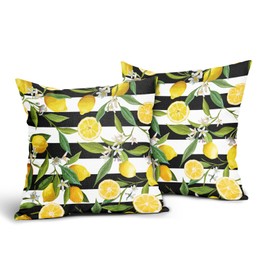 Lemon Pillow Covers Set of 2 18x18 Inch Summer Fruit and Floral Black and White Stripe Cotton Linen Decorative Throw Pillow Case Cushion Cover for Bedroom Sofa Living Room Couch Chair Office