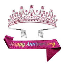 Tiara for Women Anniversary Happy Anniversary Tiara and Sash Set for Celebration Party Supplies Gifts Favors and Decorations Pink Crowns for Women Gifts