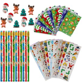 FAVONIR Christmas Stationary Party Favor Collection 48 Set – Pencils – Notebooks – Assorted Novelty Stickers – 3D Rubber Xmas Character Erasers - Reward Prizes, Carnival Events (2 Pack)