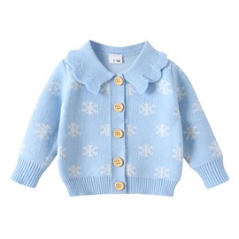 YOUNGER TREE Infant Baby Girl Knit Cardigan Sweater Toddler Girl Fall/Winter Long Sleeve Button Up Knit Sweatshirt Jacket Clothes（Snowflakes#Blue，6-9M）
