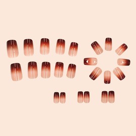 Fall Press on Nails Medium Square Fake Nails Gradient Designs Acrylic Nails Autumn Winter False Nails with Designs Reusable Brown Gradient Artificial Nails Nude Stick on Nails for Women Girls 24Pcs