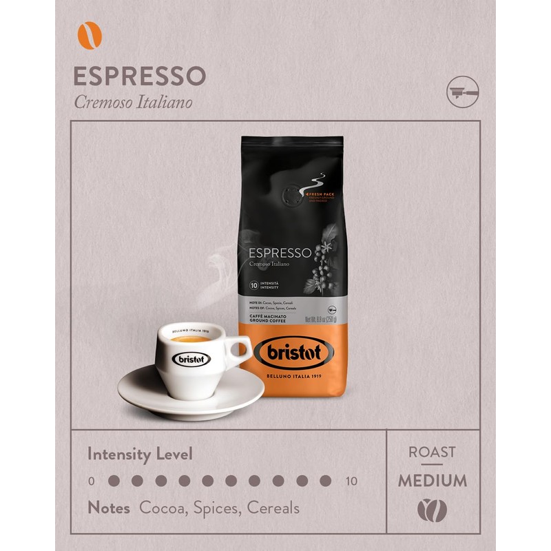 Bristot Espresso Cremoso Italiano Ground Coffee – Medium Roast, Rich