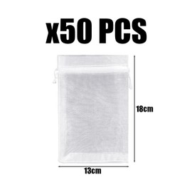 DHSBGWSX Pack of 50 Organza Bags, White Mesh Gauze Bags, 13 x 18 cm Mesh Drawstring Bags, Candy Drawstring Bags, Confetti Bags, Jewellery Drawstring Bags, Gift Bags for Wedding Party