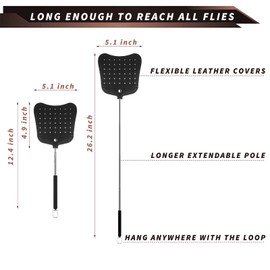 Foxany Leather Fly Swatter, Telescopic Fly Swatters Heavy Duty Set, Flexible Manual Flyswatters Pack, Extendable Swatter with Long Stainless Steel Handle Indoor Outdoor
