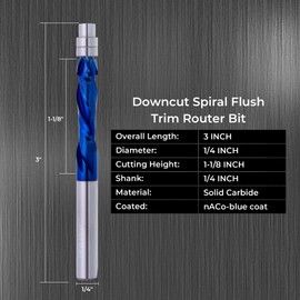 1/4" Shank Spiral Flush Trim Router Bit, 1-1/8" Cut Length & 3" OAL, Down Cut Solid Carbide CNC Bit with Nano Coating for Wood Trimming