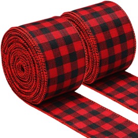 Checkered Wire Ribbon, Plaid Burlap Ribbon, Width 5cm, Length 5M, Wire Craft Ribbon Christmas Ribbon, Christmas Gift Ribbon, DIY Crafts, Home Decoration, Christmas Tree Garland, Decoration and Ribbon(Red and Black, Set of 2)