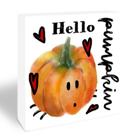 5" Hello Pumpkin Wooden Table Block Sign - Autumn Cute Pumpkin Farmhouse Desk Shelf Pinewood Decoration For Home Office Party - Thanksgiving Tabletop Centerpiece Decor - A02