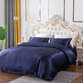 Navy Bedding Queen Silk Like Satin Duvet Cover Set Dark Blue Silky Comforter Cover Soft Honeymoon Hotel Bedding Collection for Adult Bedroom Decorative,2 Pillow Shams,Zipper,Lightweight Brushed,Double