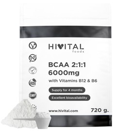 BCAA 2:1:1 6000 mg for 4 months. 720 g with essential amino acids and vitamins B12 and B6, 100% vegan, in powder form and without flavour, to accelerate muscle building and recovery