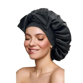 Gorro de Pelo Rizado de Satén,Dormir de Seda Ajustable,Banda Elástica,Gorro de Noche para Cabello Rizado,Ideal para Dormir,Ducha y Belleza,Negro