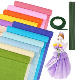 12 Colours Crepe Paper Colourful 25 x 250 cm 12 Rolls Crepe Paper DIY Crepe Paper Rolls with Green Cable Flower Ribbon for Making Valentine's Day Flowers DIY Flower Paper Crafts