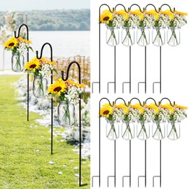 FoldTier 108 Pcs/12 Sets Sunflower Mason Jar Wedding Aisle Decorating Kit Rustic Hanging Mason Jars 32" Shepherds Hooks Faux Sunflower and Baby's Breath for Wedding Ceremony Outdoor Decoration