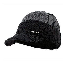 YOYEAH Men's Outdoor Newsboy Hat Winter Warm Thick Knit Beanie Cap Fleece Lined Skull Ski Cap with Visor Black