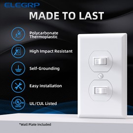ELEGRP Double Toggle Light Switch - 15A, 120V, In-Wall On/Off, Self-grounding, Wall Plate Included, UL Listed (1 Pack, Glossy White)