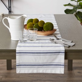 DII Zig Dobby Tabletop Collection, White Cotton Background with Embellished Stripe, Table Runner, 14x108, French Blue