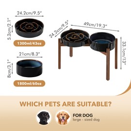 Havniva Ceramic Raised Slow Feeder Dog Bowl Set, Elevated 8.2inch Bowl and 9.5inch Dish with Acacia Wood Stand for Large Dog, Stop Bloat(2X Starry Sky+ Stand)