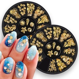 HYWWPFLAY 2 Disc 3D Gold Nail Charms, Beach Starfish Sea Seashell Nail Art Studs Rivet Alloy 3D Nail Gems Metallic Jewelry Decoration for Manicure DIY Nail Accessories (12 Style-Ocean)
