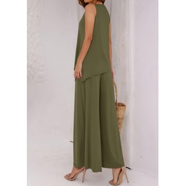 PRETTYGARDEN Women's 2025 Two Piece Matching Lounge Sets Asymmetrical Split Tank Tops Wide Leg Pants Summer Outfits Tracksuit (Army Green,Small)