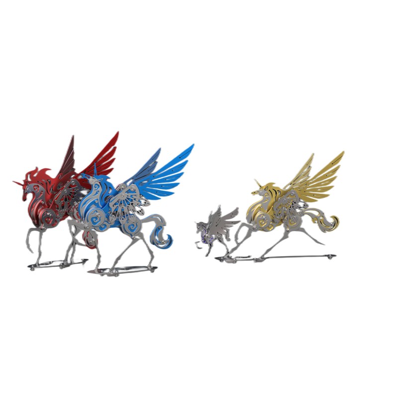 Decorative Metal Pegasus Unicorn Sculpture, Gold and Silver, Steampunk Style