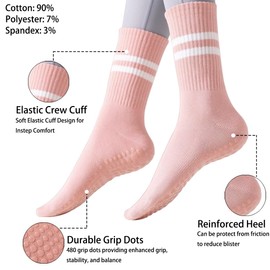 PUJANE 5 Pairs Grip Pilates Socks for Women, Non Slip Yoga Athletic Long Crew Socks for Barre Ballet Gym Workout (Pink/Blue/Light Green/Purple/Brown)