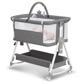 Baby Bassinet,3 in 1 Bedside Bassinet for Baby with Hanging Toys,Foldable Baby Bassinets Bedside Sleeper,4-Sided Mesh Bedside Crib with Wheels and Storage Basket,6 Height Adjustable (Light Grey)