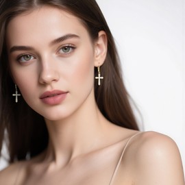 Sterling Silver Cross Earrings for Women 18k Gold Plated Cubic Zirconia Religious Christian Baptism Dangles Earrings Jewellery Gifts