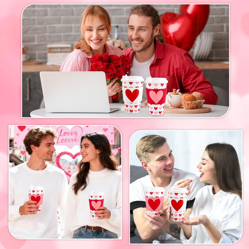 48 Sets Valentine's Day Disposable Coffee Cups with Lids and