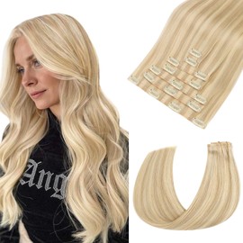 HOTBANANA Seamless Clip in Hair Extensions, 18 Inch 110g 7pcs Dirty Blonde Mixed Bleach Blonde Invisible PU Skin Weft Straight Remy Human Hair Extensions