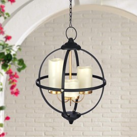 Battery Operated Outdoor Candle Chandelier - Black and Gold Metal Globe Hanging Pendant Light with 3 Flameless Candles, 12.6" Waterproof Lights for Gazebo, Pergola, Garden, Porch & Backyard