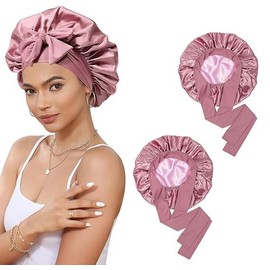 2 Pcs Silk Shower Cap, Silk Headband and Hairband for Women, Silk Headband for Sleeping with Adjustable Ties, for Women with Curly, Braided or Natural Hair (24x14x2.5 cm)