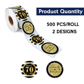 REWIDPARTY Black Gold 70th Birthday Rolls - 500 PCS Cheers to 70 Years Stickers for Party Favors & Decorations