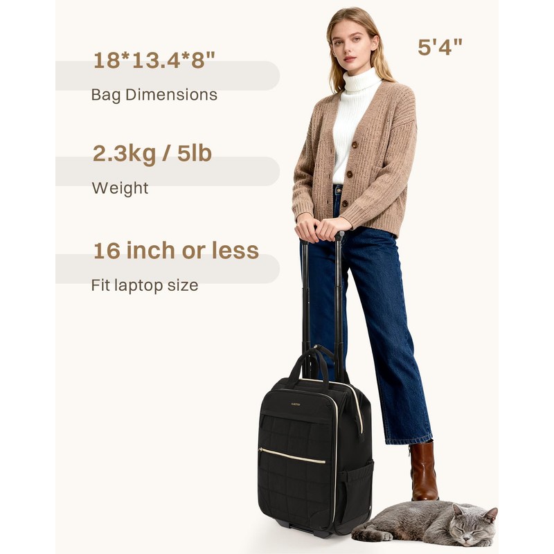 Rolling Puffer Backpack for Women, Wheeled Laptop Backpack, Short-Term Travel