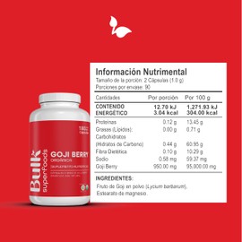 BULK SUPERFOODS | Goji 100% Natural | 180 Capsulas – 500 mg c/u – Sin Gluten | Suplementos Alimenticios a Base de Bayas de Goji Orgánicas