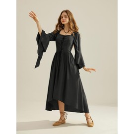 Renaissance Costume Women Flared A-Line Dress Medieval Square Neck Dress Black XL