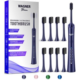 Cepillo de dientes eléctrico blanqueador ultrasónico Wagner & Stern con 6 modos de cepillado. 8 cabezales de cepillo de carbón para un aliento fresco y una sonrisa saludable. (Negro)