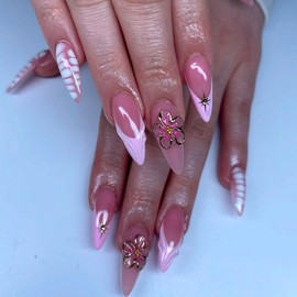 Flower Press on Nails Medium Almond Fake Nails French Tip False Nails with Designs 3D Gold Floral Glossy Full Cover Acrylic Nails Glue on Nails Artificial Stick on Nails for Women Manicure 24 Pcs