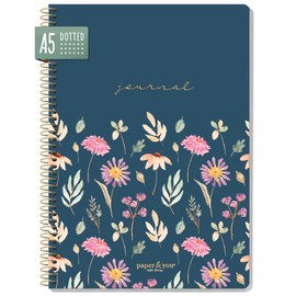 paper&you® Bullet Journal Dotted A5 with Spiral Bound "Flying Flowers" 160 Pages, Notebook Dotted with Spiral, College Pad, Spiral Notepad - Sustainable and Climate Friendly