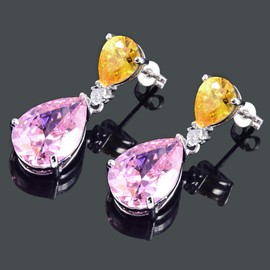 [RIZILIA CELEBOX] Teardrop Dangle Pierced Earrings with Pear Cut Gemstones CZ [Yellow Citrine & Pink Sapphire] in 18K White Gold Plated, Celebrity inspired by Angelina Jolie