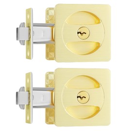Leydebong 2 Pack Gold Pocket Door Lock with Keys - Square Contemporary Pocket Door Hardware, Satin Brass Finish