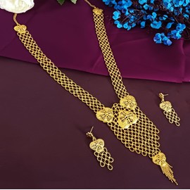 Efulgenz Gold Tone Indian Jewelry Sets for Women Dubai Style Necklace Set Indian Gold Tone Floral Heart Long Necklace Earrings Indian Bridal Jewelry for Wedding Fashion Jewelry