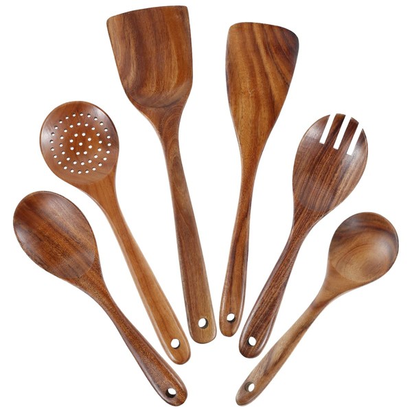6Pcs Wooden Cooking Utensils Set with Hanging Hole Teak Utensils