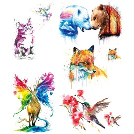 Glaryyears Watercolor Fox Temporary Tattoos, 5 Pack Large Fake Long Lasting Tattoo Stickers for Adults Women Men Makeup, Animal Deer Hummingbird Cat Polar Bear on Body Art Decoration Rock Tumbler