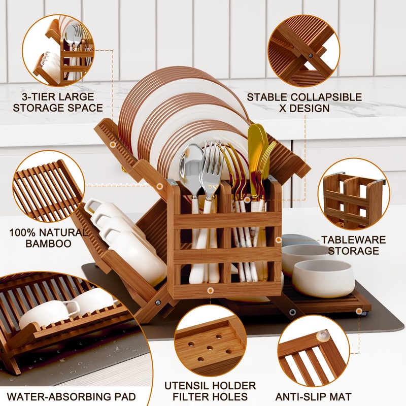 Greenual Teak Dish Drying Rack with Utensil Holder, 3 Tier