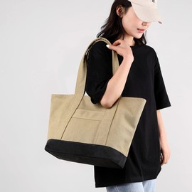 zhongningyifeng Canvas Tote Bag for Women A4 Large Capacity Handbag with Zipper Shoulder Hobo Bag for Shopping Travel Work (khaki)