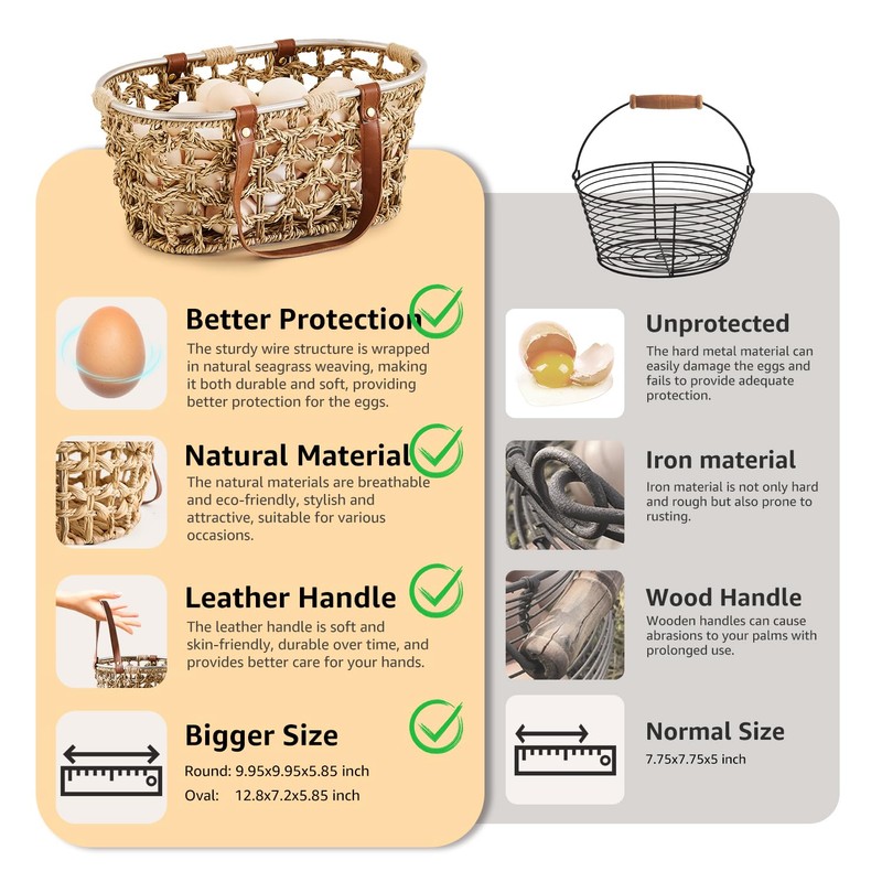 Farmhouse Seagrass Egg Baskets for Collecting Fresh Eggs Handmade Egg