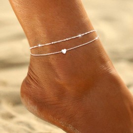 DIFOMI Sliver Anklets for Women,14K Sterling Silver Plated Waterproof Heart Pendant O Chain Anklets Set Dainty Ankle Bracelets for Women Summer Beach Anklet Jewelry Gift